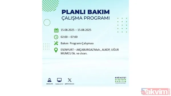 (15 Ağustos Cuma Günü İstanbul'da Elektrik Kesintisi Yaşanacak Noktalar Ve Saat Aralıkları)
