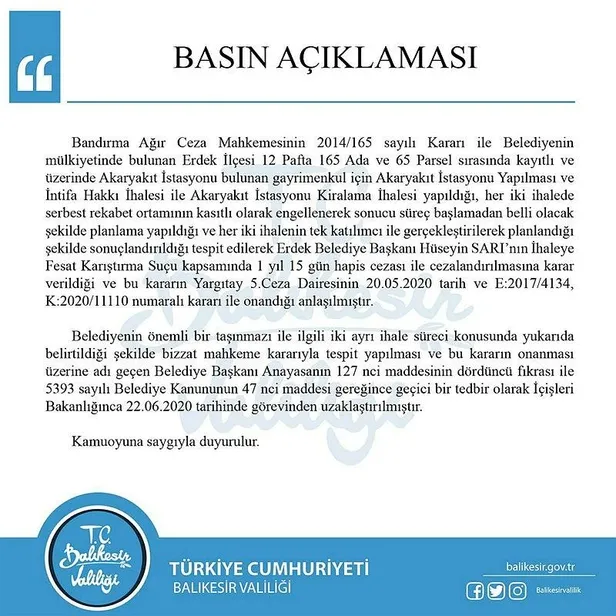 İhaleye fesat karıştıran CHP'li Erdek Belediye Başkanı Hüseyin Sarı görevinden uzaklaştırıldı-1