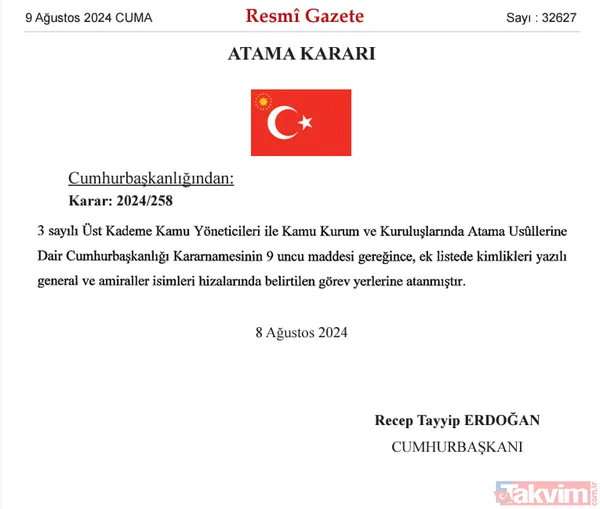 Başkan Erdoğan imzaladı: Üç kuvvet komutanlığında atamalar Resmi Gazete'de! - 1