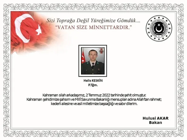 Milli Savunma Bakanlığı duyurdu: Piyade Teğmen Halis Keskin şehit oldu-1