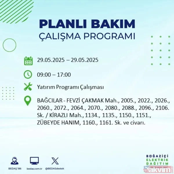 Bedaş 29 Mayıs İstanbul Elektrik Kesintisi