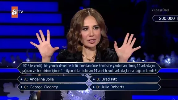 Kim Milyoner Olmak İster'de 200.000 TL'lik soru: 2013'te verdiği bir yemek davetine ünlü olmadan önce kendisine yardımları olmuş 14 arkadaşına çağıran ve her birinin içinde 1 milyon dolar bulunan 14 adet bavulu arkadaşlarına dağıtan kimdir?
