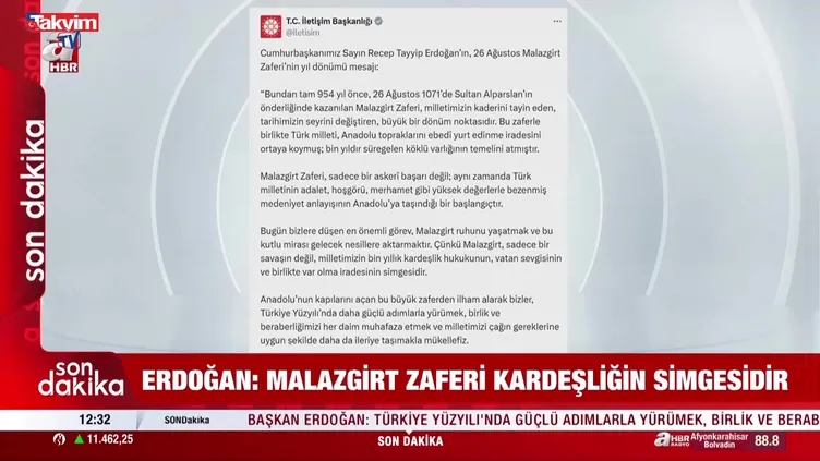 Başkan Erdoğan’dan Malazgirt Zaferi mesajı