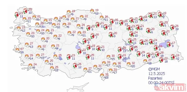 Meteoroloji Genel Müdürlüğü'nün Haftalık Yayınladığı Hava Durumuna Göre, Pazartesi Günü Trakya'nın Batısı, İç Anadolu Ve Doğu'da Gök Gürültülü Sağanak...