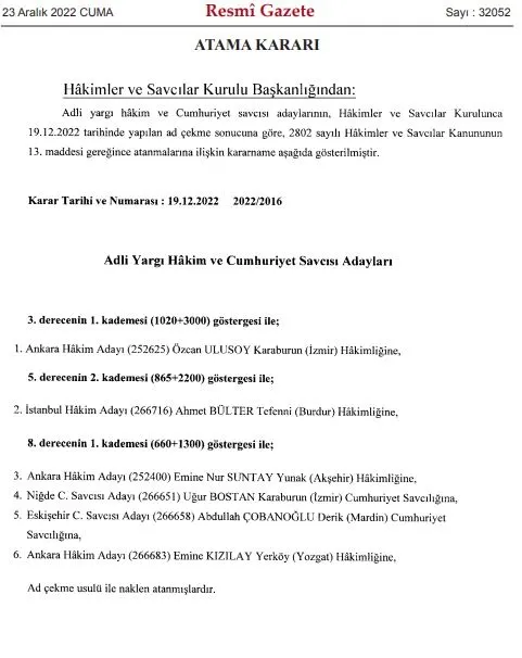 Hakimler ve Savılar Kurulu Başkanlığın'a atama kararları Resmi Gazete'de yayımlandı-1