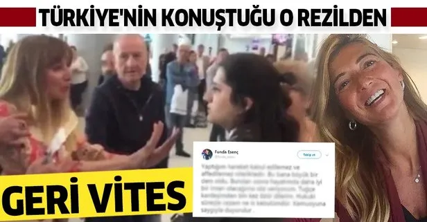 İstanbul Havalimanı’nda taşkınlık çıkartarak görevliye hakaret eden Funda Esenç, Twitter’dan özür diledi