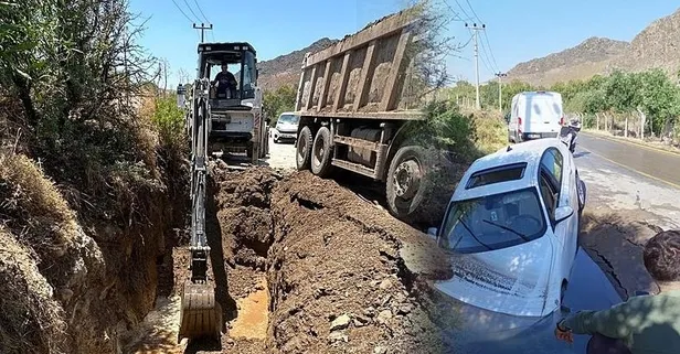 Bodrum'da içme suyu isale hattının patlamasıyla oluşan çukura otomobil düştü! Turgutreis'te 16 saatlik su kesintisi