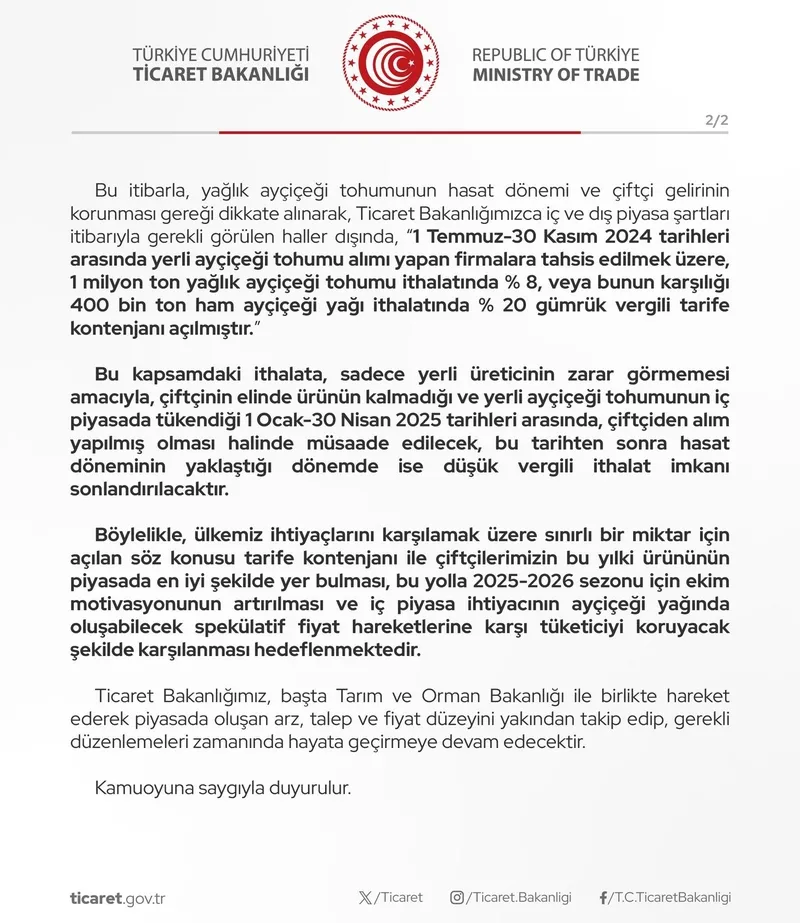 Ticaret Bakanlığı'ndan ayçiçek kararı: 2025 yılı tarife kontenjanı uygulaması yeniden belirlendi-4
