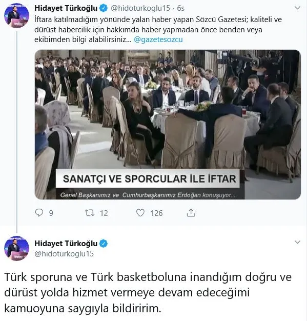Hidayet Türkoğlu’ndan Sözcü’ye yalanlama