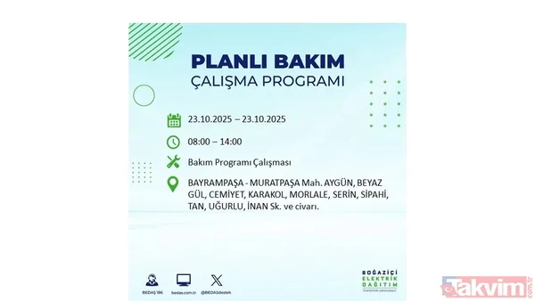 ↪23 Ekim 2025 İstanbul merkezli elektrik kesintisi yaşanacak ilçe, mahalle ve sokaklar↩