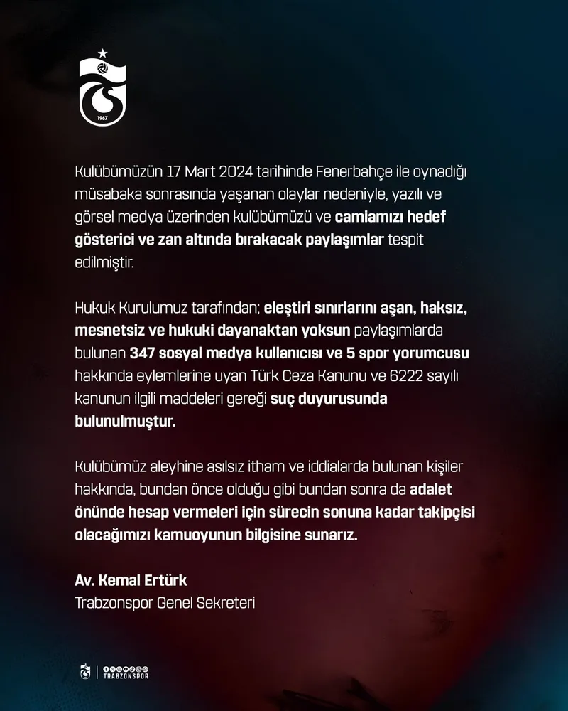 Trabzonspor'dan 347 sosyal medya kullanıcısı ve 5 spor yorumcusu hakkında suç duyurusu-2