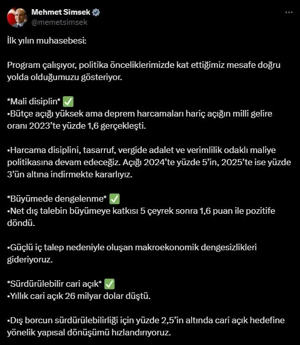 Hazine ve Maliye Bakanı Mehmet Şimşek ekonomi programında ilk yılın muhasebesini paylaştı! Hedef enflasyonda tek hane: "Kararlılıkla uygulayarak başaracağız"-2