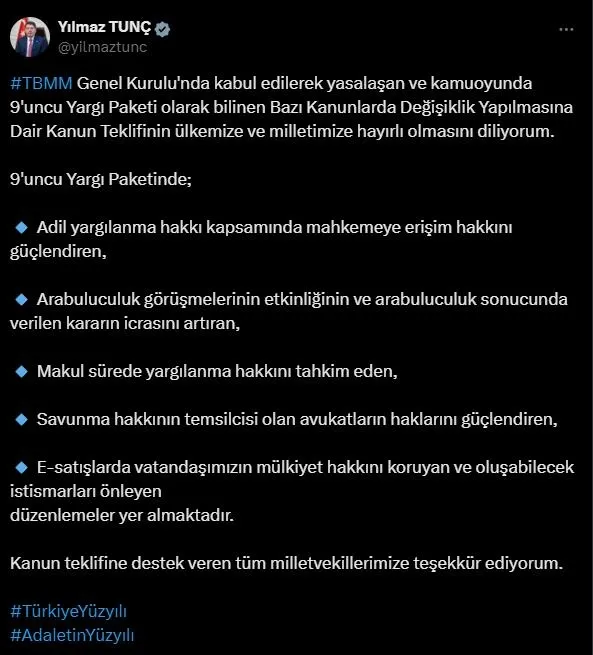 9-yargi-paketi-meclisten-gecti-soyadi-duzenlemesi-tekliften-cikarildi-1731034534718.jpeg Adalet Bakanı Yılmaz Tunç'un paylaşımı. (X)