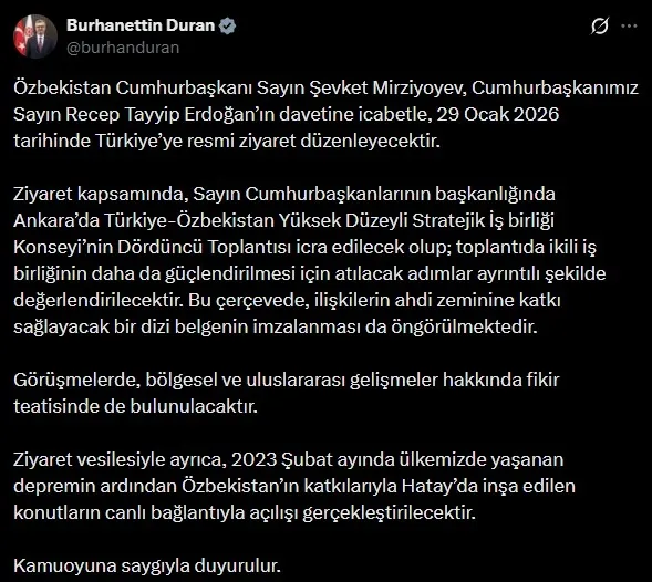 ozbekistan-cumhurbaskani-mirziyoyev-29-ocakta-turkiyeye-geliyor-1769626542831.jpeg İletişim Başkanı Burhanettin Duran'ın sosyal medya paylaşımı (Görsel X'ten alınmıştır)