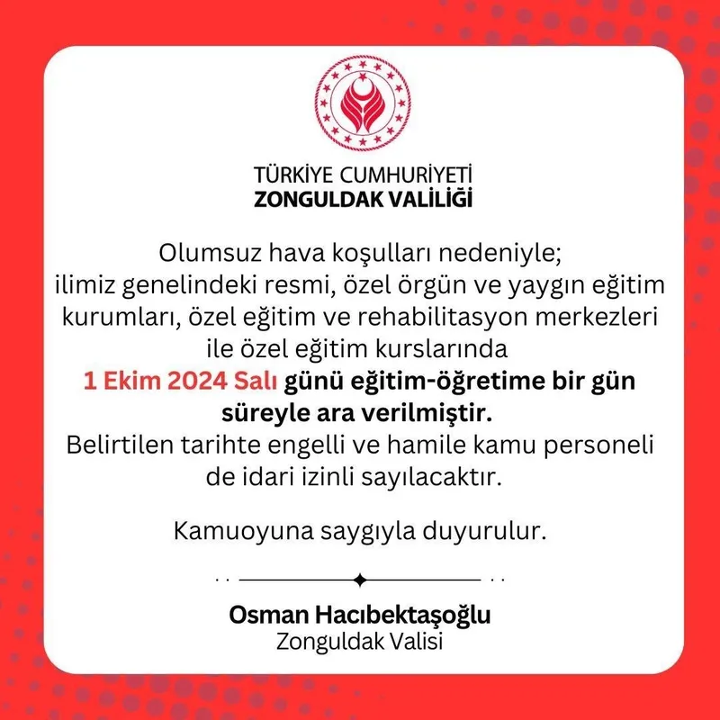 Zonguldak Valiliği açıklaması (Fotoğraf: Takvim.com.tr / Ekran görüntüsü)