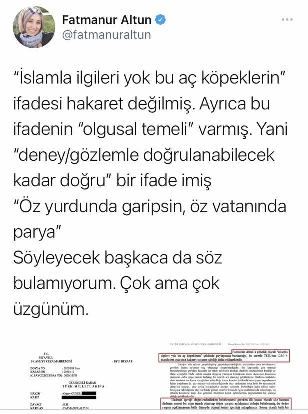 turgev-yonetim-kurulu-baskani-fatmanur-altuna-hakaret-eden-nazan-demire-beraat-1617219253825.jpg Fatmanur Altun’a "İslam’la ilgileri yok bu aç köpeklerin" şeklinde hakaret eden Nazan Demir'e beraat!-2