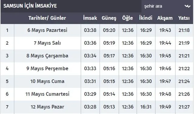 samsun imsak iftar sahur vakti 2019 samsun sahur iftar saati kacta ramazan imsakiyesi diyanet aciklamasi takvim