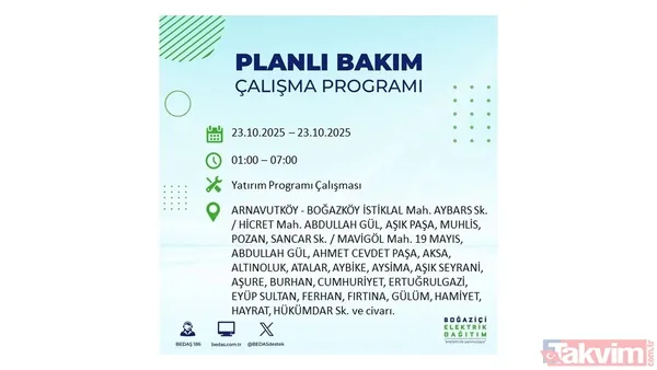 ↪23 Ekim 2025 İstanbul merkezli elektrik kesintisi yaşanacak ilçe, mahalle ve sokaklar↩