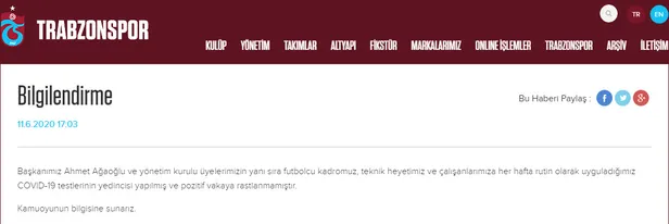 Trabzonspor'dan son dakika açıklaması | Koronavirüs test sonuçları...-1