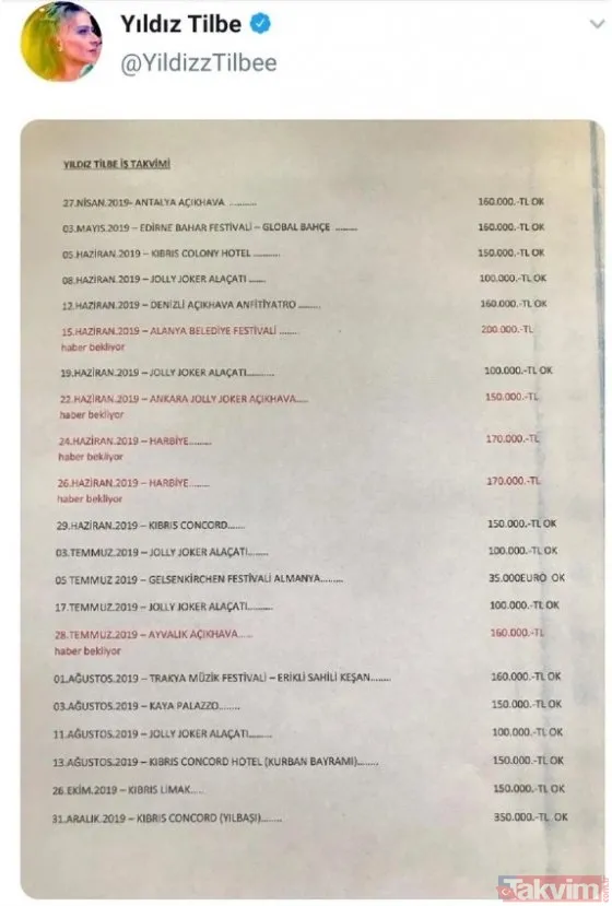 Yıldız Tilbe Twitter hesabından yanlışlıkla iş takvimini paylaştı! Tilbe'nin kazancı dudak uçuklattı! - 2