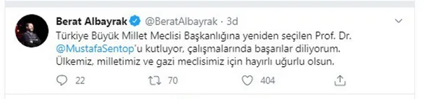Hazine ve Maliye Bakanı Berat Albayrak'tan yeniden TBMM Başkanı seçilen Mustafa Şentop'a tebrik-1