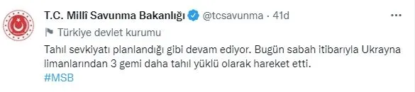 Son dakika: MSB duyurdu! Tahıl yüklü 3 gemi daha Ukrayna'dan hareket etti-1