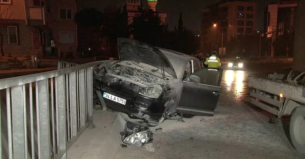Kontrolden çıkan lüks cip bariyerlere çarptı alev aldı! Alkollü sürücü alkolmetreyi üflememek için direndi! Yer: İstanbul