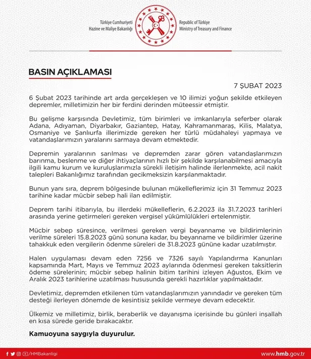 Hazine ve Maliye Bakanlığı'ndan deprem bölgelerinde 'Mücbir sebep hali' ilanı: Vergisel yükümlülükler ertelendi-3