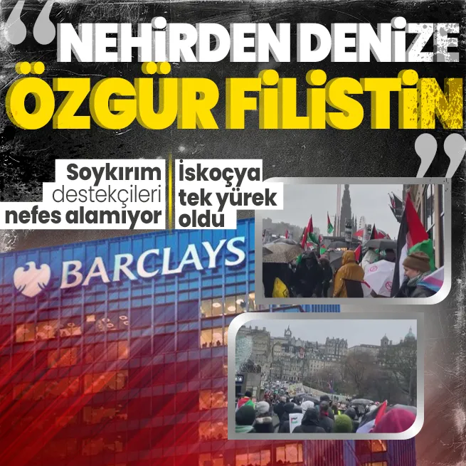 Soykrıma destek veren Barclays Bankasına tepki | İskoçyada yüzlerce kişi Filistin için tek yürek oldu: Nehirden denize Filistin özgür kalacak
