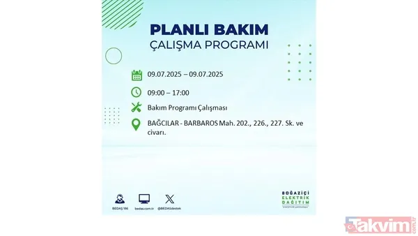 9 Temmuz İstanbul Elektrik Kesintisi