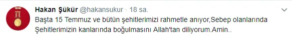 FETÖ'cü Hakan Şükür'den 15 Temmuz paylaşımı-1