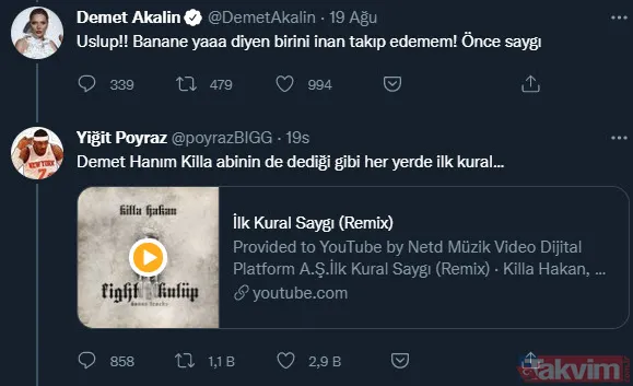 Demet Akalın'ın Aleyna Kalaycıoğlu hakkında yaptığı bu yoruma Yiğit Poyraz Killa Hakan'ın 'İlk Kural: Saygı' şarkısını paylaşarak şu sözleriyle yanıt verdi:...