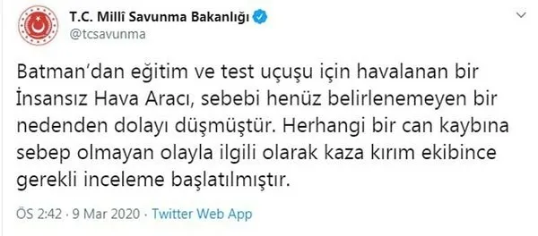 Son dakika: Batman'da İHA düştü! Milli Savunma Bakanlığı'ndan açıklama!-2
