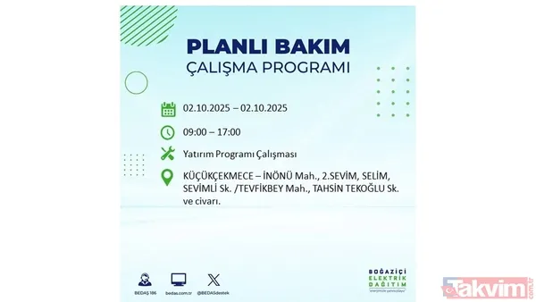 🔵2 Ekim 2025 Perşembe Günü İstanbul'da Elektrik Kesintisi Yaşanacak İlçeler Yeni Eklenen İlçeler Ve Saat Detayları İçin Bedaş Resmi Sitesi Ziyaret Edilebilir...