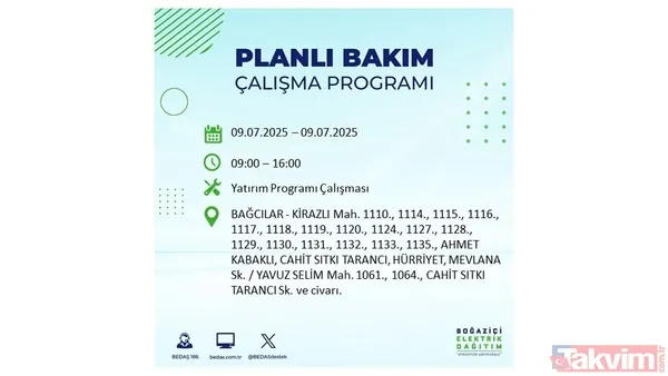 9 Temmuz İstanbul Elektrik Kesintisi