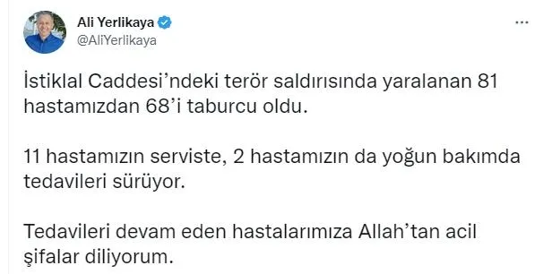 istanbul-valisi-ali-yerlikaya-sosyal-medya-hesabindan-duyurdu-teror-saldirisinda-yaralanan-81-hastamizdan-68i-1668698830444.jpeg İstanbul Valisi Ali Yerlikaya sosyal medya hesabından duyurdu: Terör saldırısında yaralanan 81 hastamızdan 68’i taburcu oldu-2