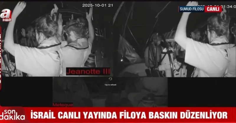 1759354065157.jpeg Katil İsrail’den korsanlık! Canlı yayında Sumud Filosu’ndaki yardım gönüllülerini böyle esir aldı. (A Haber ekran görüntüsü)