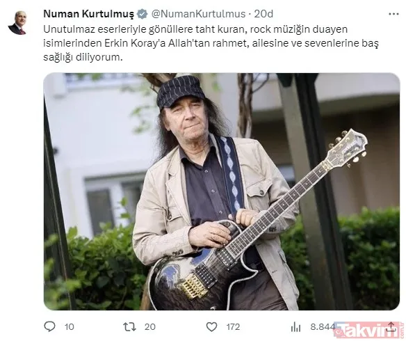 Türkiye Büyük Millet Meclisi Başkanı Numan Kurtulmuş: Unutulmaz Eserleriyle Gönüllere Taht Kuran, Rock Müziğin Duayen İsimlerinden Erkin Koray'a Allah'tan...