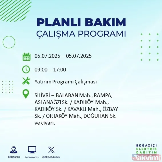 ↪5 Temmuz Cumartesi İstanbul Elektrik Kesintisi