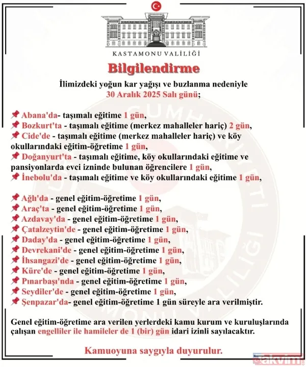 Kastamonu'da Eğitime Tam Gün Ara Verildi Kastamonu Valiliği Tarafından Yapılan Resmi Açıklamaya Göre, Şehir Merkezinde Etkili Olan Yoğun Kar Yağışı Hayatı...