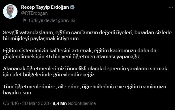 Başkan Erdoğan'ın duyurduğu 45 bin öğretmen atamasının yapılacağı tarih belli oldu!-2