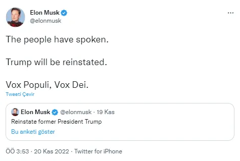 twitterda-buyuk-anket-elon-musk-kullanicilara-sordu-donald-trump-geri-donsun-mu-1668906958946.png Twitter'da büyük anket! Kullanıcılar 'evet' dedi, Elon Musk hesabı açtı! Trump 'dönmeyeceğim' dedi-3
