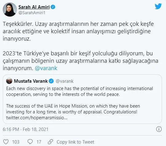 bakan-varankin-paylasimina-turkce-cevap-veren-baeli-bakan-sarah-el-amiri-turkiyeye-uzay-calismalarinda-basari-diledi-1613686131914.jpeg Bakan Varank‘ın paylaşımına Türkçe cevap veren BAE'li Bakan Sarah el Amiri Türkiye’ye uzay çalışmalarında başarı diledi-1