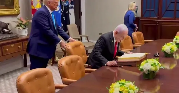 Trump’tan Netanyahu’ya tepki çeken hürmet! Ayakta karşıladı sandalyesini çekti