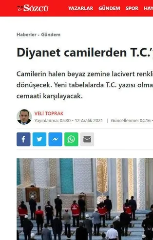 CHP yandaşı Sözcü gazetesinden "Diyanet camilerden T.C.’yi kaldırıyor" yalanı