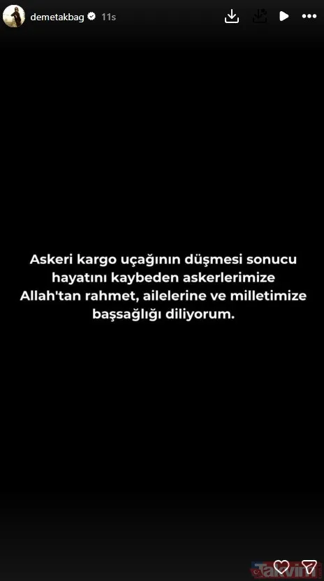 Demet Akbağ "Askeri Kargo Uçağının Düşmesi Sonucu Hayatını Kaybeden Askerlerimize Allah'tan Rahmet, Ailelerine Ve Milletimize Başsağlığı Diliyorum"