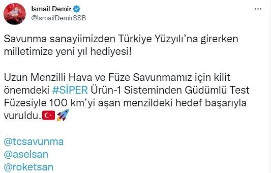 Savunma Sanayii Başkanı İsmail Demir: "SİPER" füzesi 100 km menzili aştı-2