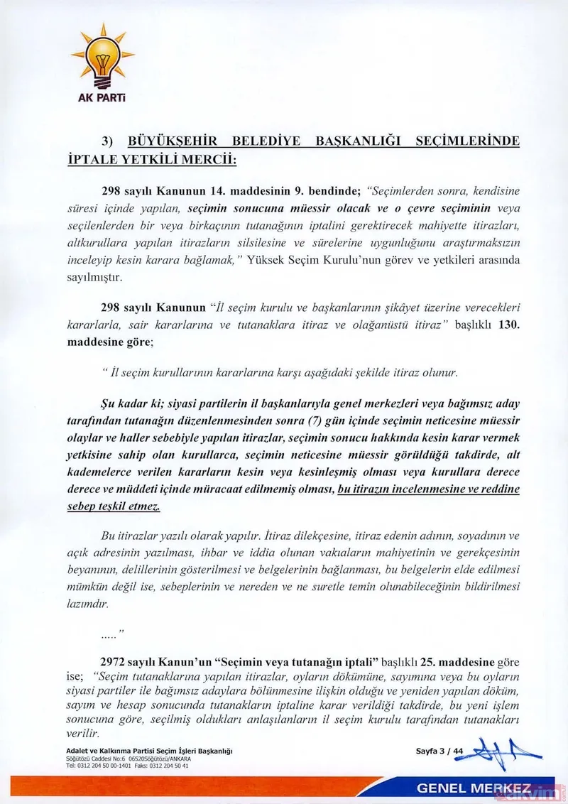 İÅte  AK Parti İstanbul seçimlenin iptali için YSK'ya verdiÄi 44 sayfalık olaÄanüstü itiraz dilekçesi