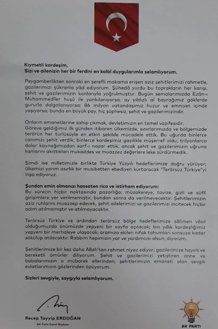 Başkan Erdoğan'dan şehit ailelerine mektup (Takvim.com.tr)