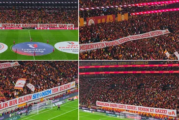 Galatasaray - Fenerbahçe derbisinde tribünlerden Filistin’e destek: Uyanın ey insanlar